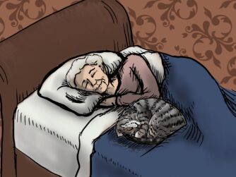 An elderly woman on her bed, peacefully sleeping. A grey tabby cat is curled up beside her. We talk about living a long and healthy life with shortened decline at the end in this episode. https://every1dies.org