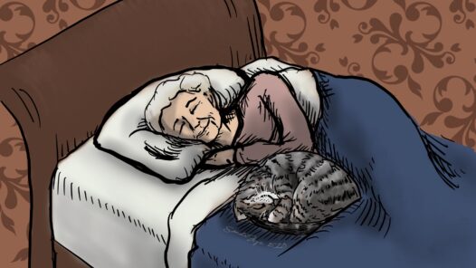 An elderly woman on her bed, peacefully sleeping. A grey tabby cat is curled up beside her. We talk about living a long and healthy life with shortened decline at the end in this episode. https://every1dies.org