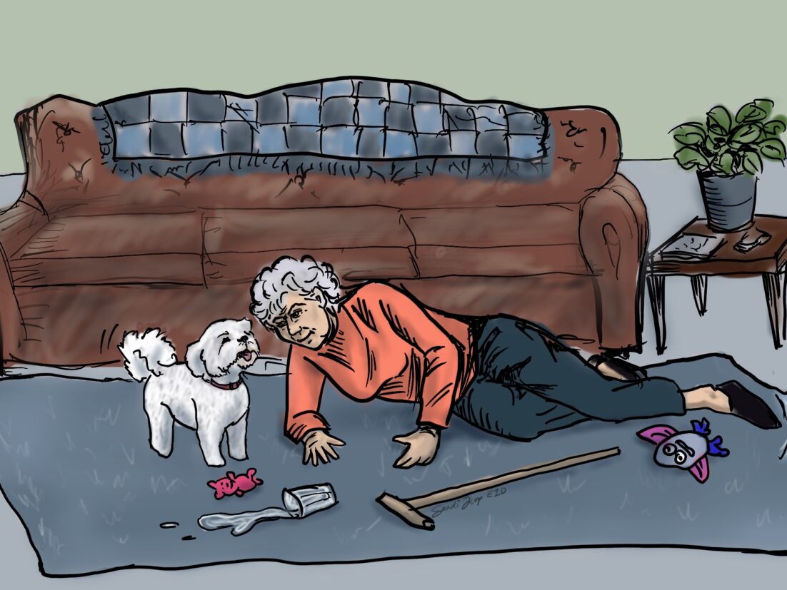 A woman that recently fell on the floor. A cane and spilled glass of water are on a rug, which looks like she tripped on. There are dog toys on the rug and a small dog looking expectantly at the lady. We talk about how to reduce risk of falls in this episode. https://every1dies.org