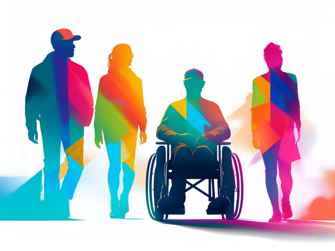 Multicolored silhouettes of people of different gender and ethnicity, including someone in a wheelchair. We talk about the role of despair leading to alcohol, drug and suicide deaths, which are causing the USA life expectancy to fall.