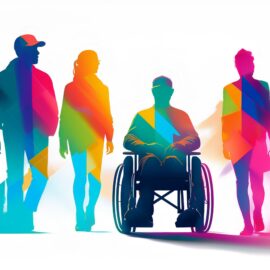 Multicolored silhouettes of people of different gender and ethnicity, including someone in a wheelchair. We talk about the role of despair leading to alcohol, drug and suicide deaths, which are causing the USA life expectancy to fall.