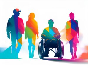Multicolored silhouettes of people of different gender and ethnicity, including someone in a wheelchair. We talk about the role of despair leading to alcohol, drug and suicide deaths, which are causing the USA life expectancy to fall.