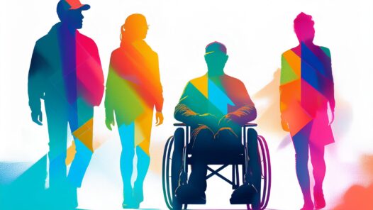 Multicolored silhouettes of people of different gender and ethnicity, including someone in a wheelchair. We talk about the role of despair leading to alcohol, drug and suicide deaths, which are causing the USA life expectancy to fall.