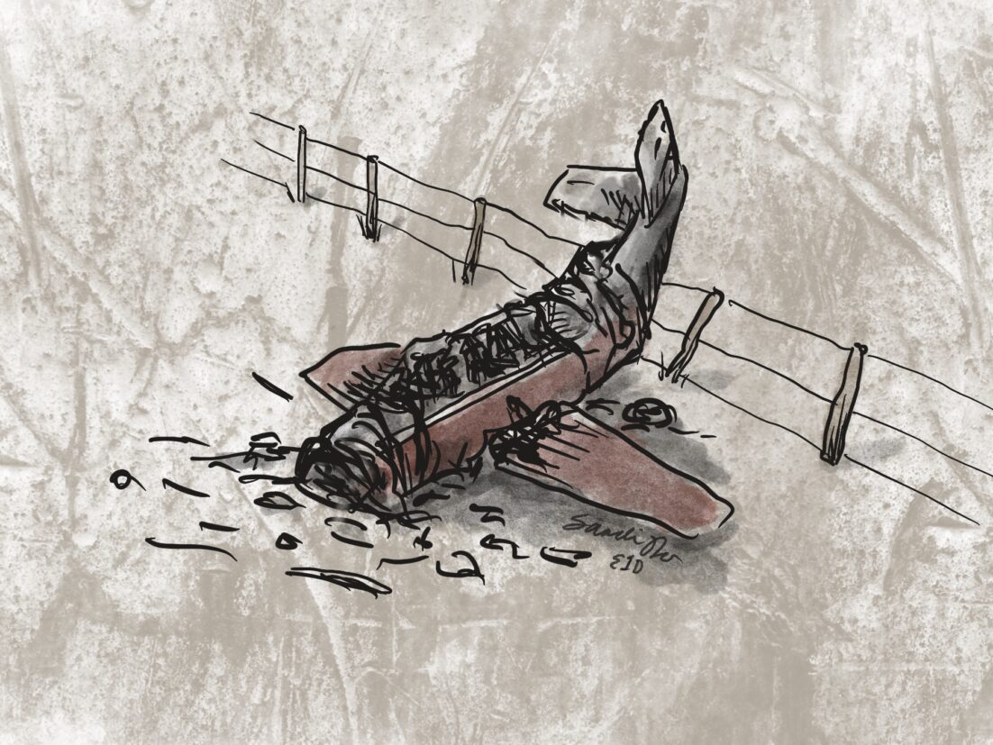 A bonanza plane crashed on a wintry landscape. This is a stylized representation of the crash that killed 3 rising rock stars "The Day the Music Died"