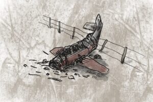 A bonanza plane crashed on a wintry landscape. This is a stylized representation of the crash that killed 3 rising rock stars "The Day the Music Died"