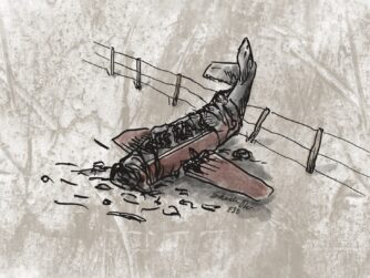 A bonanza plane crashed on a wintry landscape. This is a stylized representation of the crash that killed 3 rising rock stars "The Day the Music Died"