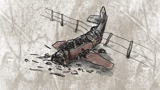 A bonanza plane crashed on a wintry landscape. This is a stylized representation of the crash that killed 3 rising rock stars "The Day the Music Died"