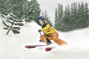 A man aggressively skiing in a tree-lined slope. We talk about snow safety in this episode S5E44. https://every1dies.org