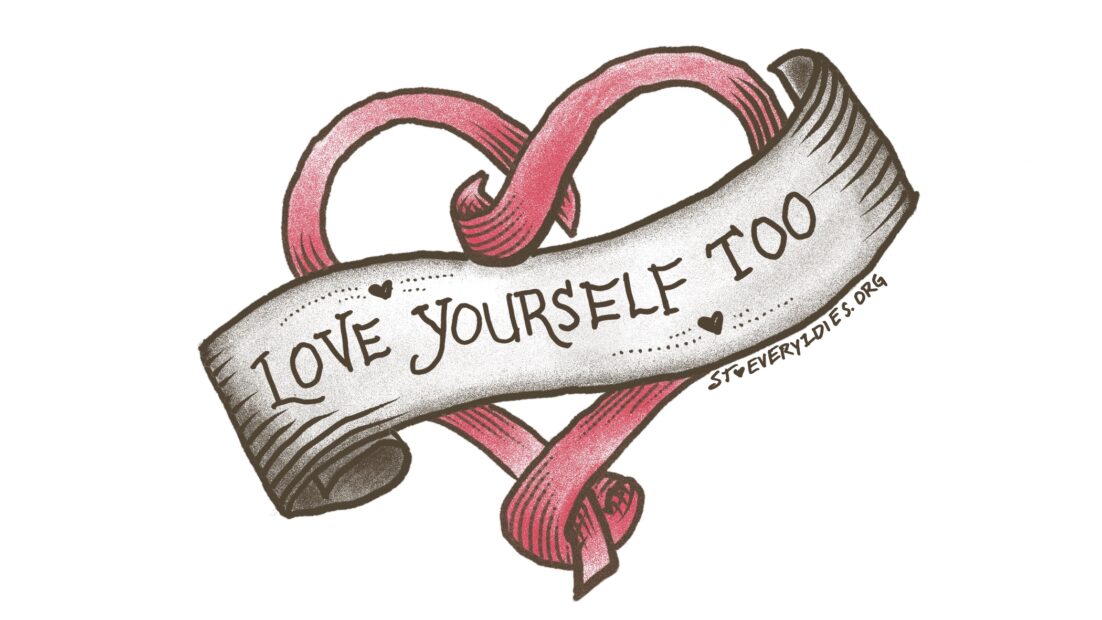 A heart with the words: Love Yourself Too. we untangle the guilt and shame that can come from a cancer diagnosis, especially if related to lifestyle choices.