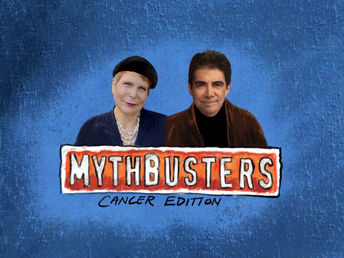 Hosts Marianne and Charlie with the title MythBusters Cancer Edition