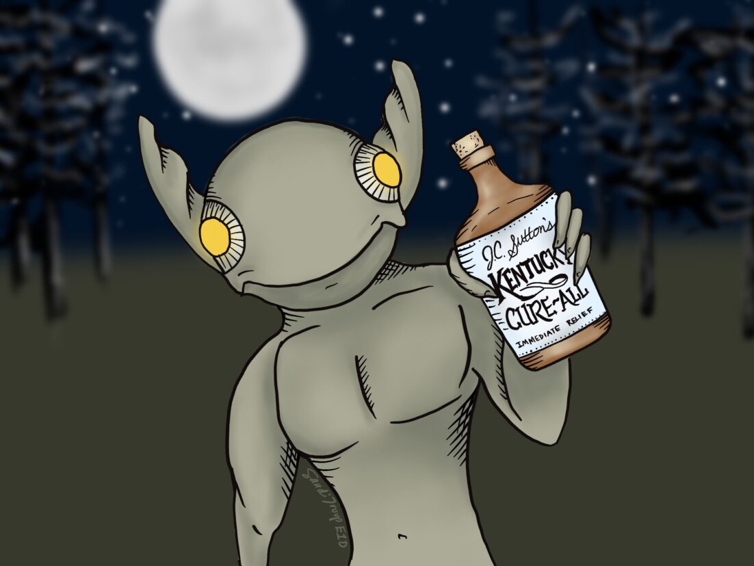 An alien holding a snake-oil cure-all flask. We talk about "miracle cures" for cancer in this episode along with the first sighting of "little green men" in this episode. https://every1dies.org