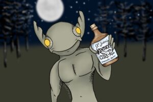 An alien holding a snake-oil cure-all flask. We talk about "miracle cures" for cancer in this episode along with the first sighting of "little green men" in this episode. https://every1dies.org