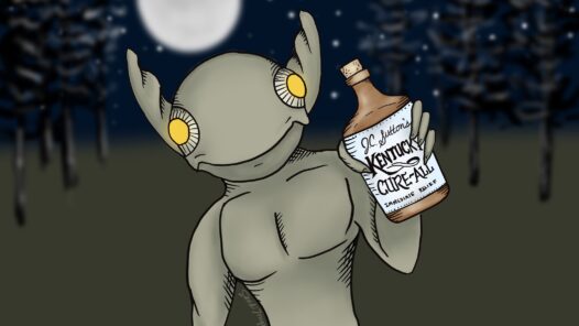An alien holding a snake-oil cure-all flask. We talk about "miracle cures" for cancer in this episode along with the first sighting of "little green men" in this episode. https://every1dies.org