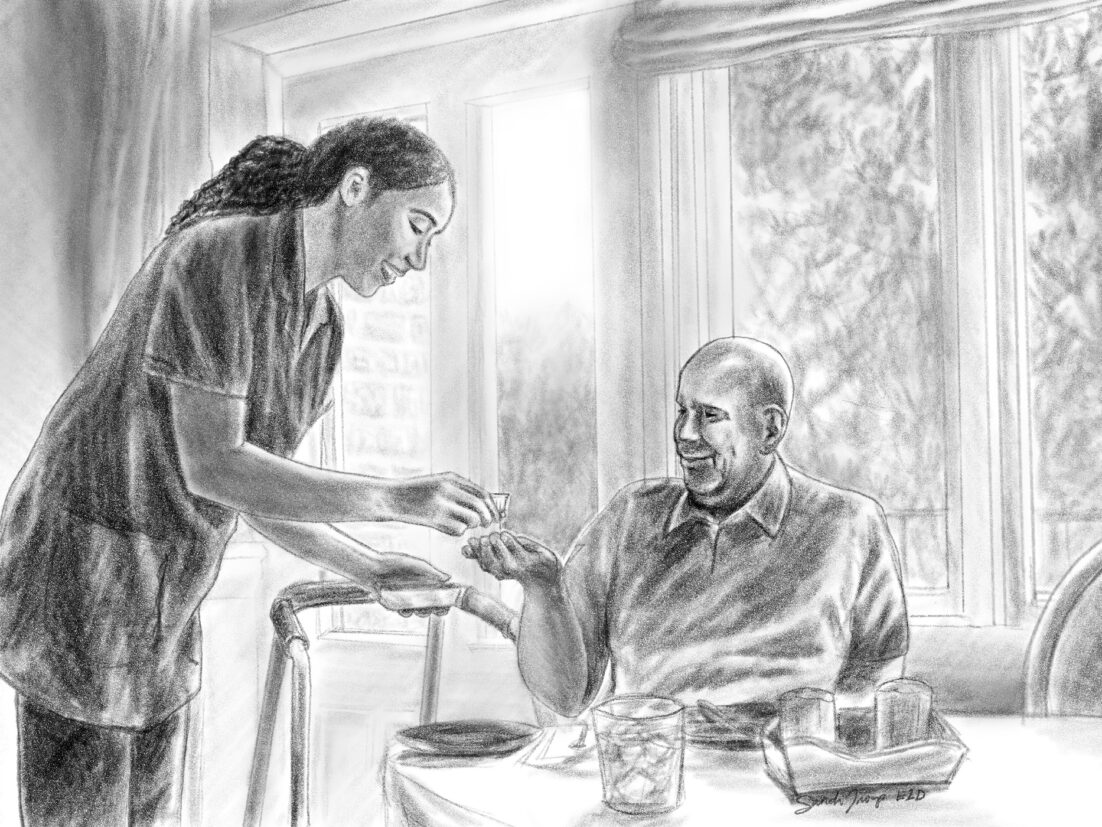 An aid giving an older gentleman his morning medication as he sits at a table with soft sunlight coming through the window. We talk about making a decision about assisted living (senior) facilities in this episode. https://every1dies.org