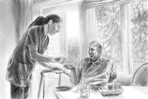 An aid giving an older gentleman his morning medication as he sits at a table with soft sunlight coming through the window. We talk about making a decision about assisted living (senior) facilities in this episode. https://every1dies.org