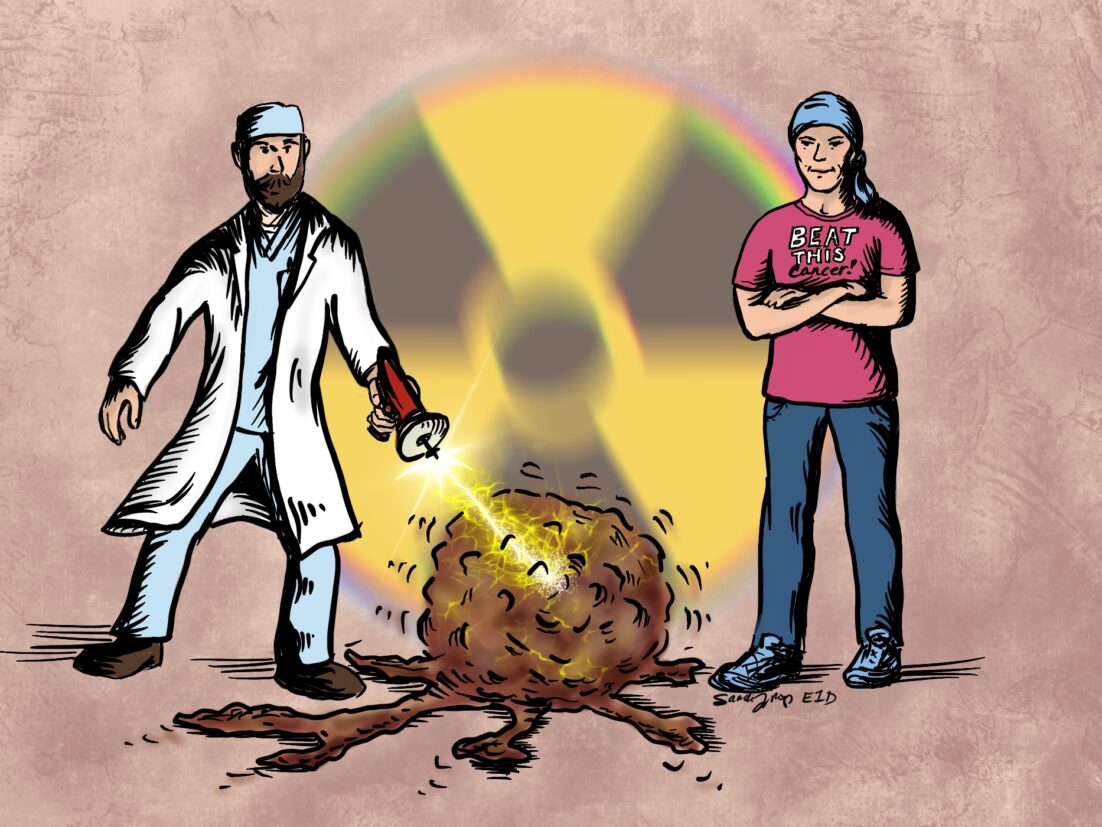 A cancer patient and a radiation technician zapping a cancer tumor, making it shrink. The cancer patient wears a shirt that says Beat This Cancer! We talk about radiation therapy in this episode. https://every1dies.org