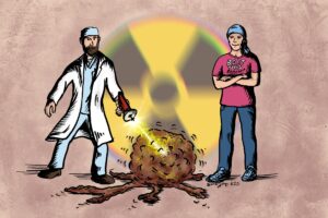 A cancer patient and a radiation technician zapping a cancer tumor, making it shrink. The cancer patient wears a shirt that says Beat This Cancer! We talk about radiation therapy in this episode. https://every1dies.org