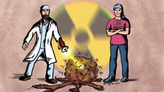 A cancer patient and a radiation technician zapping a cancer tumor, making it shrink. The cancer patient wears a shirt that says Beat This Cancer! We talk about radiation therapy in this episode. https://every1dies.org