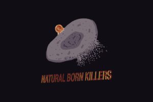 A killer T cell causing apoptosis on a cancer cell, with the words Natural Born Killers. Learn about cancer immunotherapy in this episode.