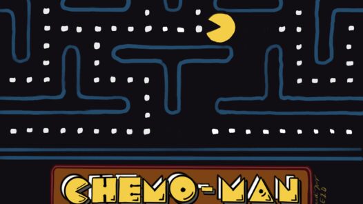 A Pac-Man game-like image with the label "Chemo-Man". Many chemotherapy patients like to imagine a Pac-Man gobbling up cancer cells as they get chemotherapy treatment. Learn more in S6E05 episode on Chemotherapy. https://every1dies.org