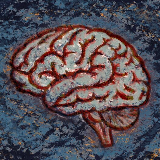 A brain on a stormy blue background. We talk about chemo brain and chemo rage in this S6E6 episode. https://every1dies.org