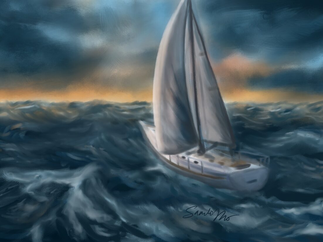 A sailboat on stormy seas heading towards brighter skies and beautiful sunset. We delve into the application of mindfulness in navigating the experience of grief.