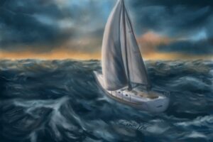 A sailboat on stormy seas heading towards brighter skies and beautiful sunset. We delve into the application of mindfulness in navigating the experience of grief.