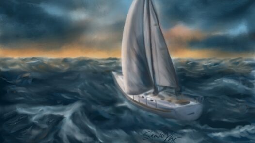 A sailboat on stormy seas heading towards brighter skies and beautiful sunset. We delve into the application of mindfulness in navigating the experience of grief.