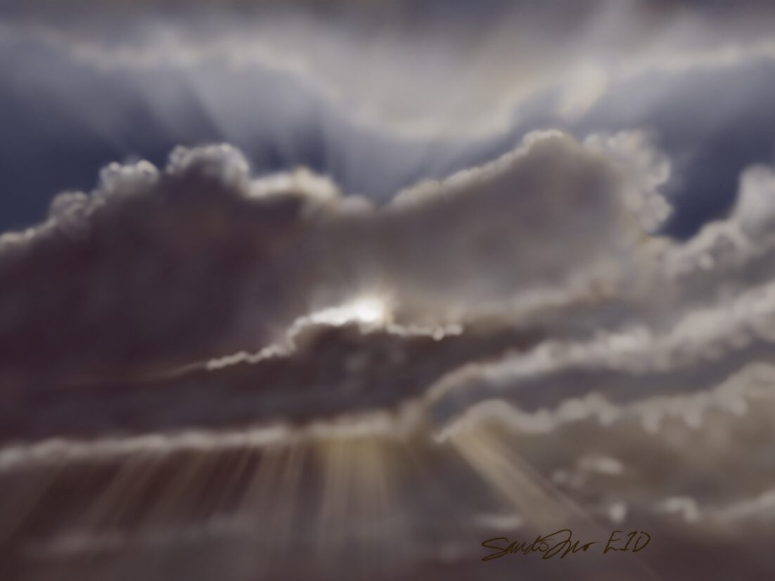 A sky with dark clouds and sun peeking through, with shafts of light. Charlie shares his experience and grief 5 years after the murder of his son