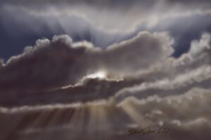 A sky with dark clouds and sun peeking through, with shafts of light. Charlie shares his experience and grief 5 years after the murder of his son