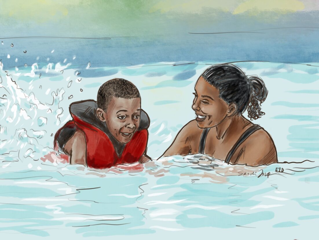 An African-American mom teaching her son how to swim. He is wearing a life vest, kicking up water with his feet, and both have a smile of enjoyment on their face. We talk about drowning and how to prevent accidental deaths in this episode. https://every1dies.org S6E12