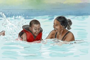 An African-American mom teaching her son how to swim. He is wearing a life vest, kicking up water with his feet, and both have a smile of enjoyment on their face. We talk about drowning and how to prevent accidental deaths in this episode. https://every1dies.org S6E12