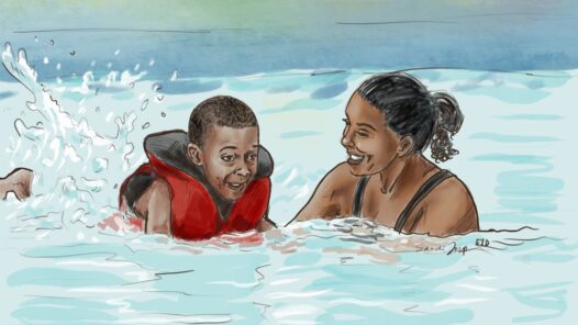 An African-American mom teaching her son how to swim. He is wearing a life vest, kicking up water with his feet, and both have a smile of enjoyment on their face. We talk about drowning and how to prevent accidental deaths in this episode. https://every1dies.org S6E12