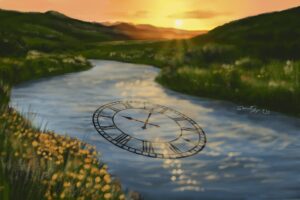 A river flowing towards a beautiful sunset with flowers in the foreground. There is a clock in the river serving as a reminder that time is precious and we need to enjoy every moment and use our time for good.