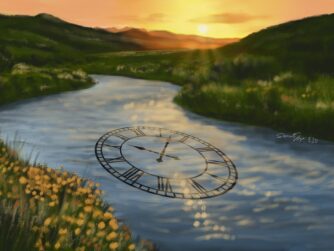 A river flowing towards a beautiful sunset with flowers in the foreground. There is a clock in the river serving as a reminder that time is precious and we need to enjoy every moment and use our time for good.