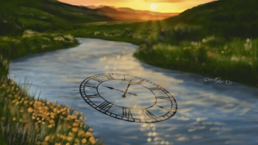 A river flowing towards a beautiful sunset with flowers in the foreground. There is a clock in the river serving as a reminder that time is precious and we need to enjoy every moment and use our time for good.