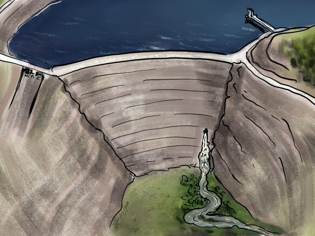 A lake and dam with a trickle of water as a metaphor for the symptoms of prostate cancer and also the challenges of treatment-related side effects. https://every1dies.org