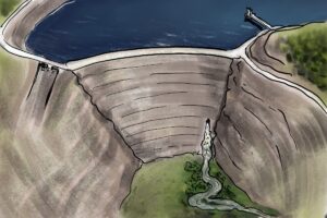 A lake and dam with a trickle of water as a metaphor for the symptoms of prostate cancer and also the challenges of treatment-related side effects. https://every1dies.org