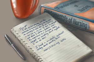 A notepad with self-journaling about a grief journey. A nursing textbook is on the table. The writer has found a new path after a loved one's death, choosing to use their caregiving experience and become a nurse. https://every1dies.org S6E16