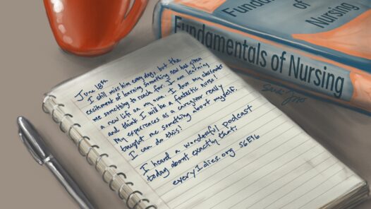 A notepad with self-journaling about a grief journey. A nursing textbook is on the table. The writer has found a new path after a loved one's death, choosing to use their caregiving experience and become a nurse. https://every1dies.org S6E16