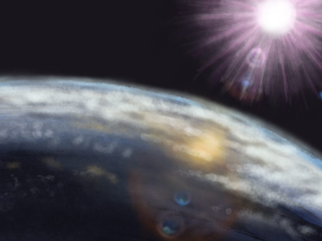 Earth as viewed from space. A blazing sun with les flare shines above it. Learn about heat stroke and elders in this S6E17 episode. https://every1dies.org