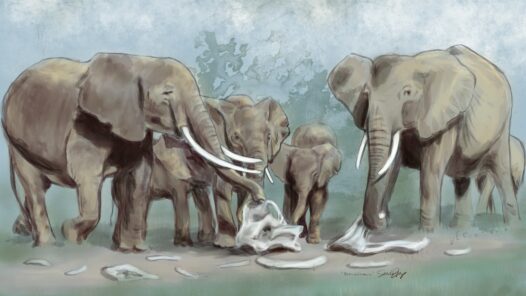 A herd of elephants pauses to explore the bones of another elephant. They appear to be solemn, as we discuss this phenomenon. The piece is titled "Remembrance"