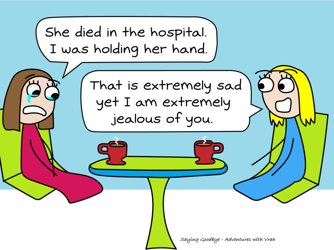 A panel from Adventures with Vrah by Sarah Walt Weaver. Sarah used creative expression in her comics to help cope with the death of her sister in a plane crash.