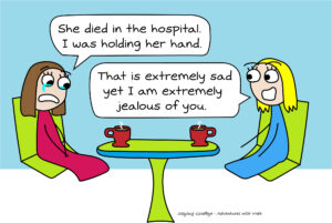 A panel from Adventures with Vrah by Sarah Walt Weaver. Sarah used creative expression in her comics to help cope with the death of her sister in a plane crash.