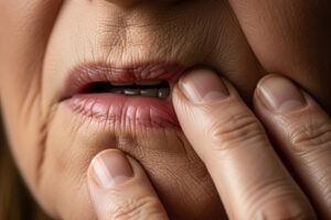 A close-up of a mouth, and fingers touching it gingerly. We talk about mucositis - especially oral mucositis - which is a common side effect of cancer treatment. https://every1dies.org