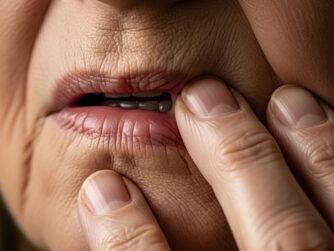 A close-up of a mouth, and fingers touching it gingerly. We talk about mucositis - especially oral mucositis - which is a common side effect of cancer treatment. https://every1dies.org