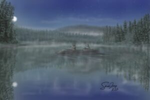 On a clear moonlit night with a rising mist, a ghostly canoe slips across Spirit Lake. Could this be the Kootenay lovers that jumped to their death together?