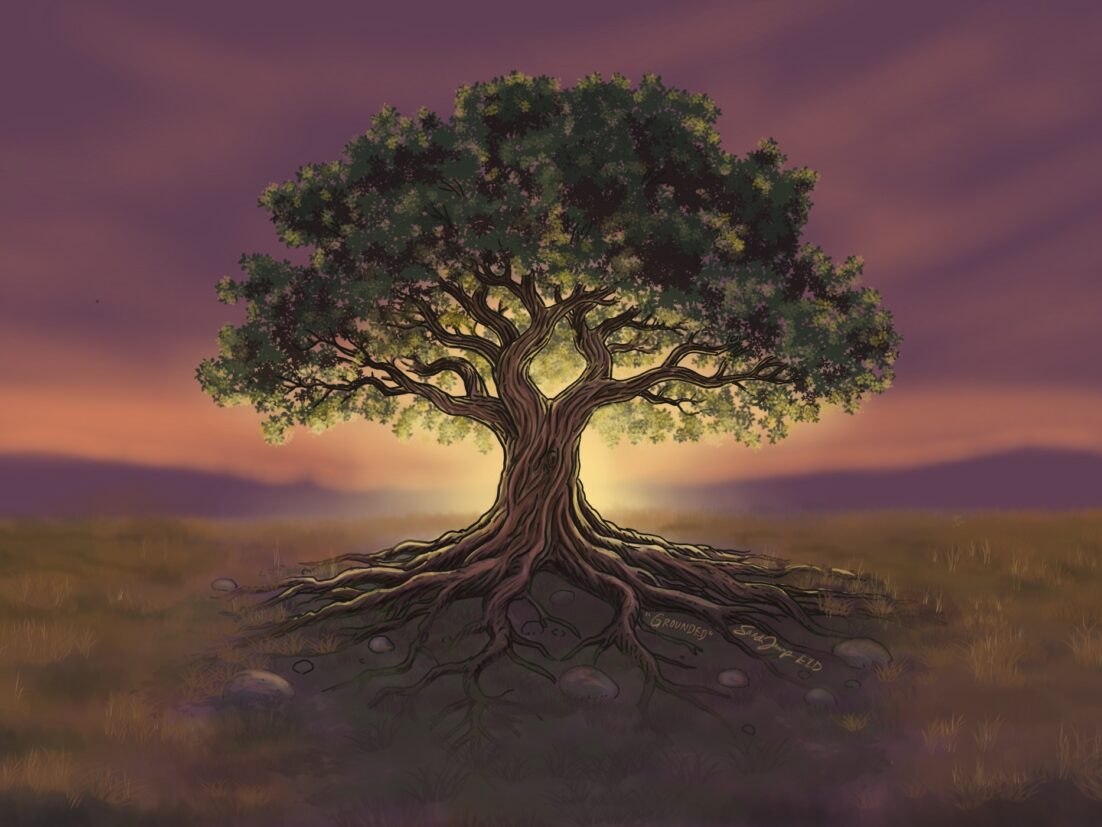 A giant tree with thick branches outstretched to a sunset sky. Its strong roots are grounded in the soil. The sun is setting behind the tree with a serene purple sky and golden highlights in the leaves and the edges of the trunk. Learn about grounding in this S6E24 Episode: https://every1dies.org