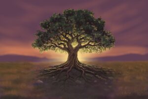 A giant tree with thick branches outstretched to a sunset sky. Its strong roots are grounded in the soil. The sun is setting behind the tree with a serene purple sky and golden highlights in the leaves and the edges of the trunk. Learn about grounding in this S6E24 Episode: https://every1dies.org