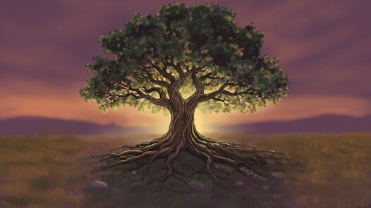 A giant tree with thick branches outstretched to a sunset sky. Its strong roots are grounded in the soil. The sun is setting behind the tree with a serene purple sky and golden highlights in the leaves and the edges of the trunk. Learn about grounding in this S6E24 Episode: https://every1dies.org